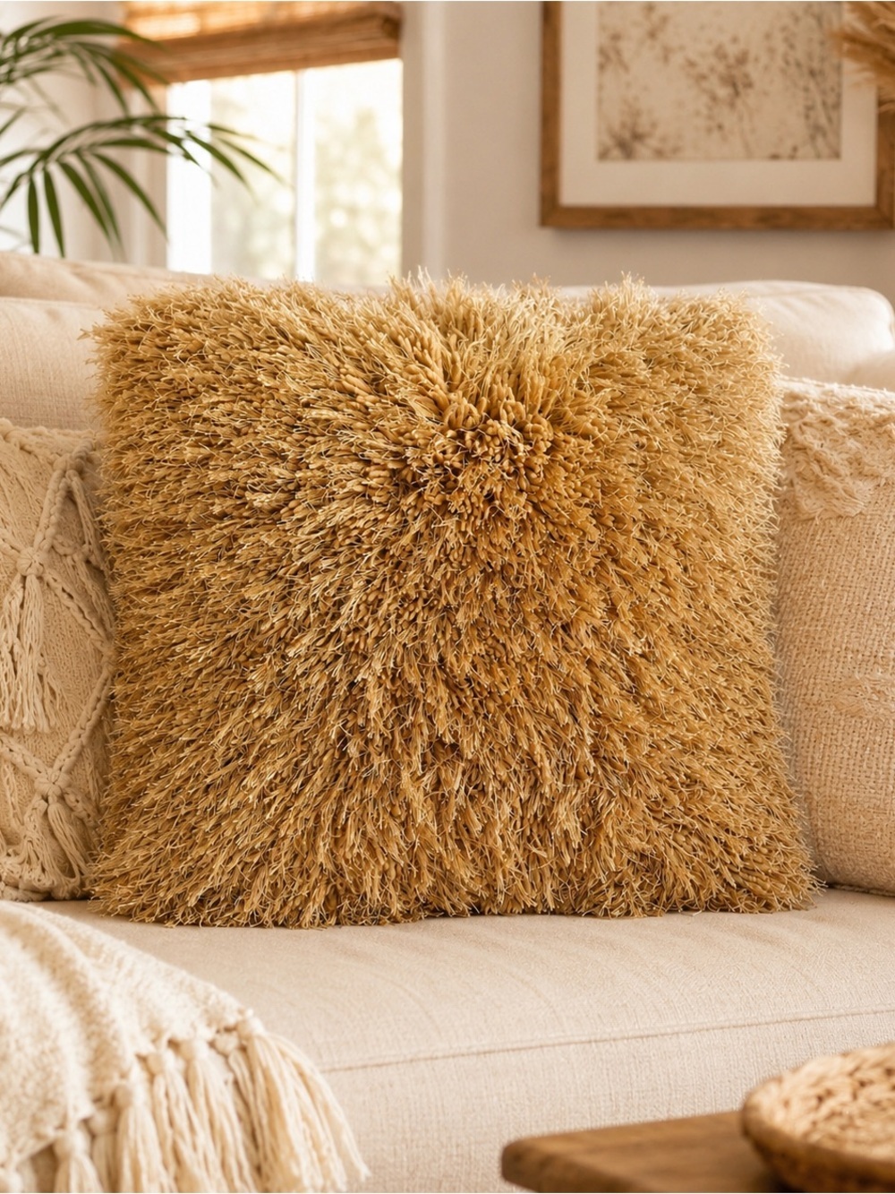 Throw Pillow Gold Fringe Shag Decorative 20" X 20" Boho Glam Hollywood Regency